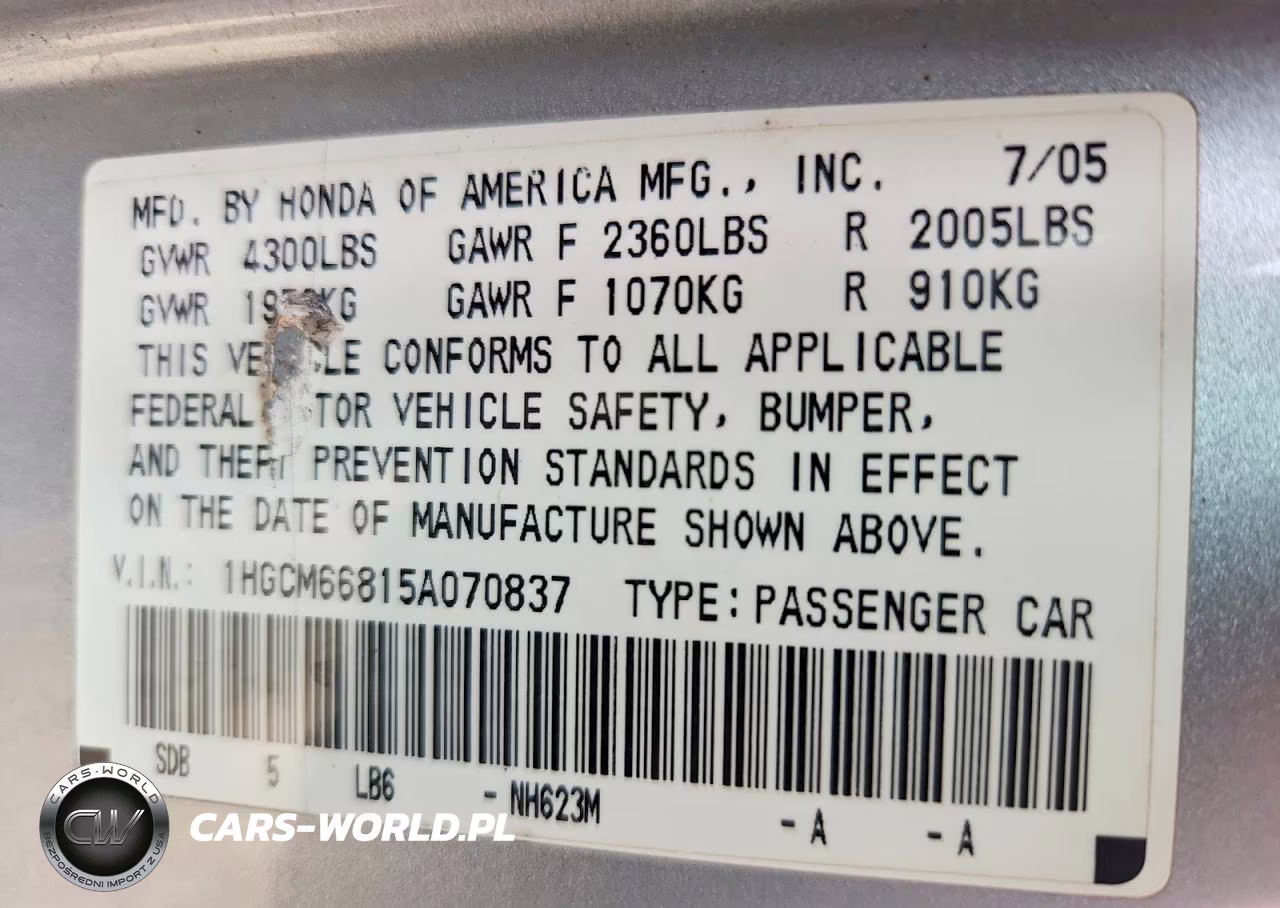 2005 Honda Accord 3.0 Ex VIN:1HGCM66815A070837 - 13