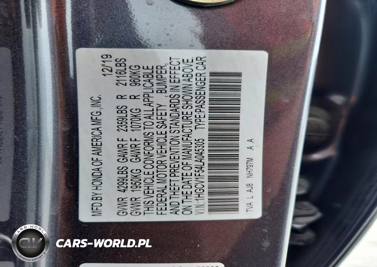 2020 Honda Accord Exl VIN:1HGCV1F54LA045305 - 12