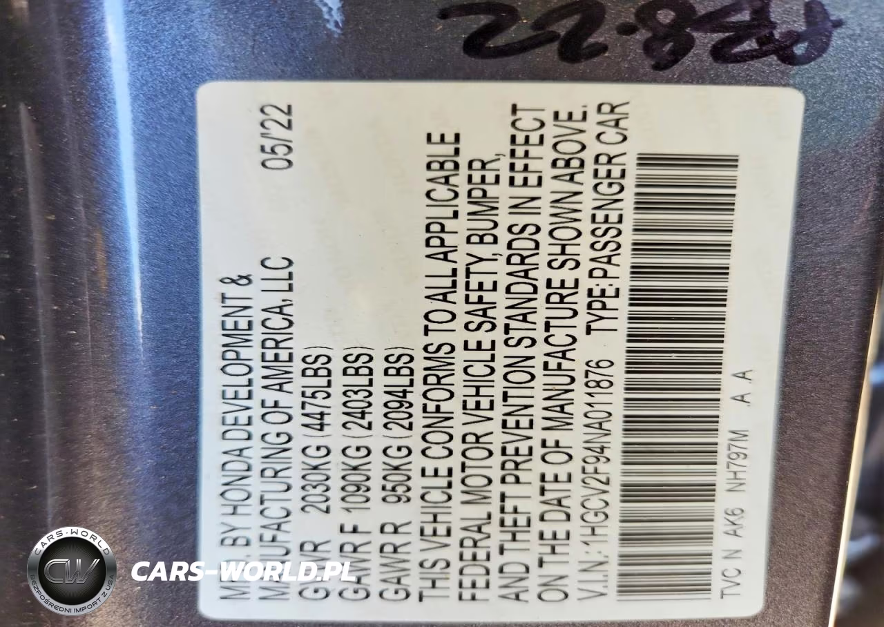 2022 Honda Accord Touring VIN:1HGCV2F94NA011876 - 12
