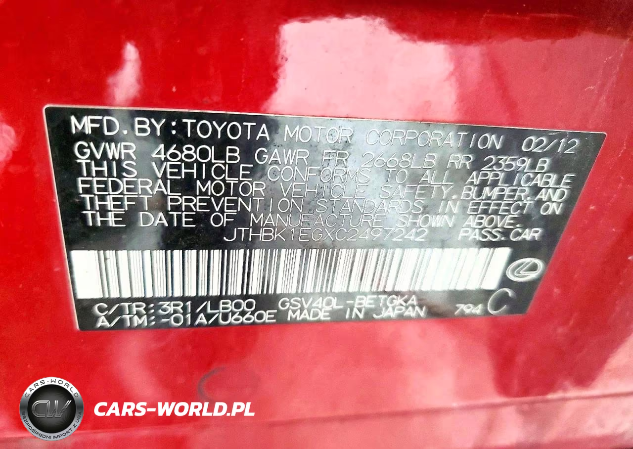 2012 Lexus Es 350 VIN:JTHBK1EGXC2497242 - 12