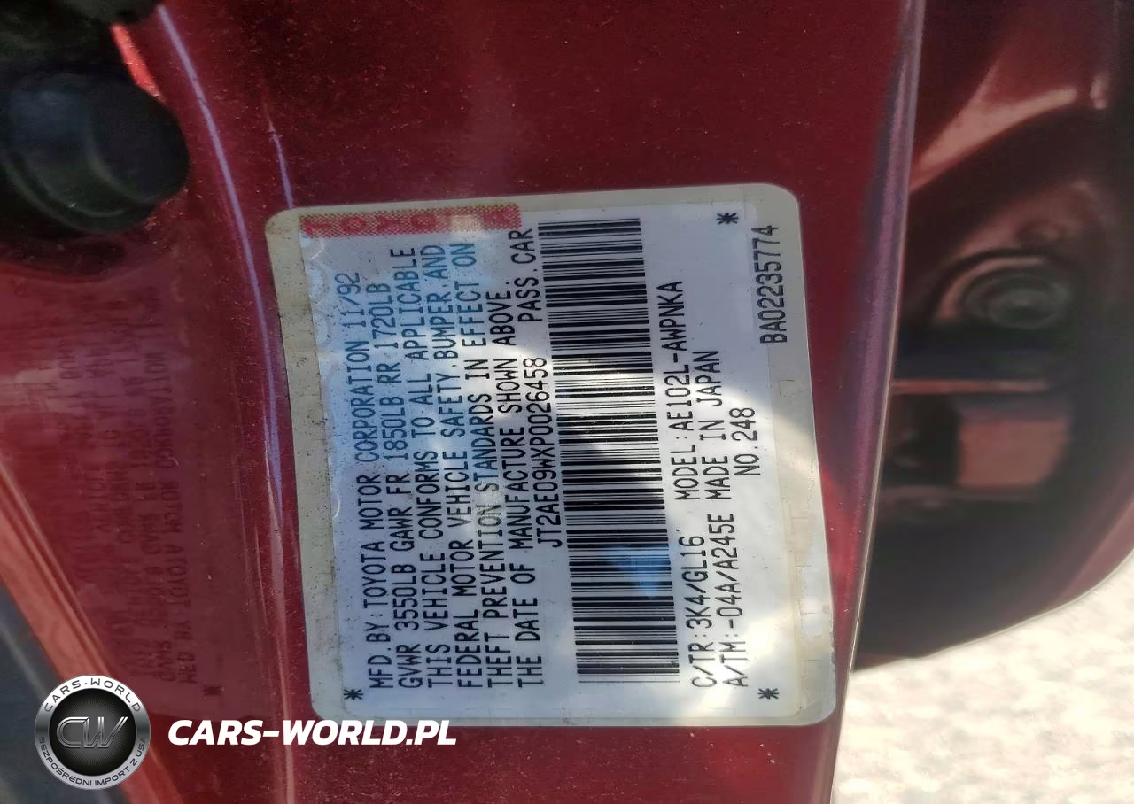 1993 Toyota Corolla Dx VIN:JT2AE09WXP0026458 - 13