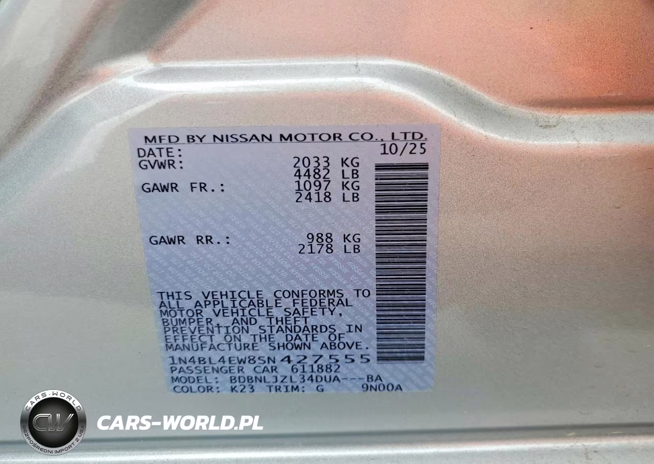 2025 Nissan Altima Sl VIN:1N4BL4EW8SN427555 - 12
