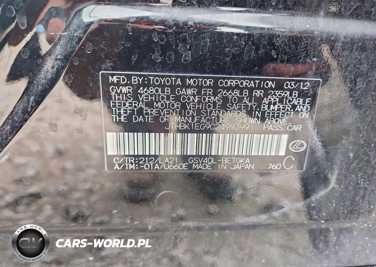 2012 Lexus Es 350 VIN:JTHBK1EG9C2499399 - 12