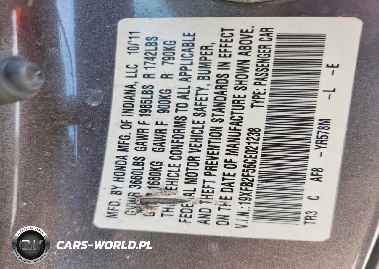 2012 Honda Civic Lx VIN:19XFB2F56CE021238 - 12