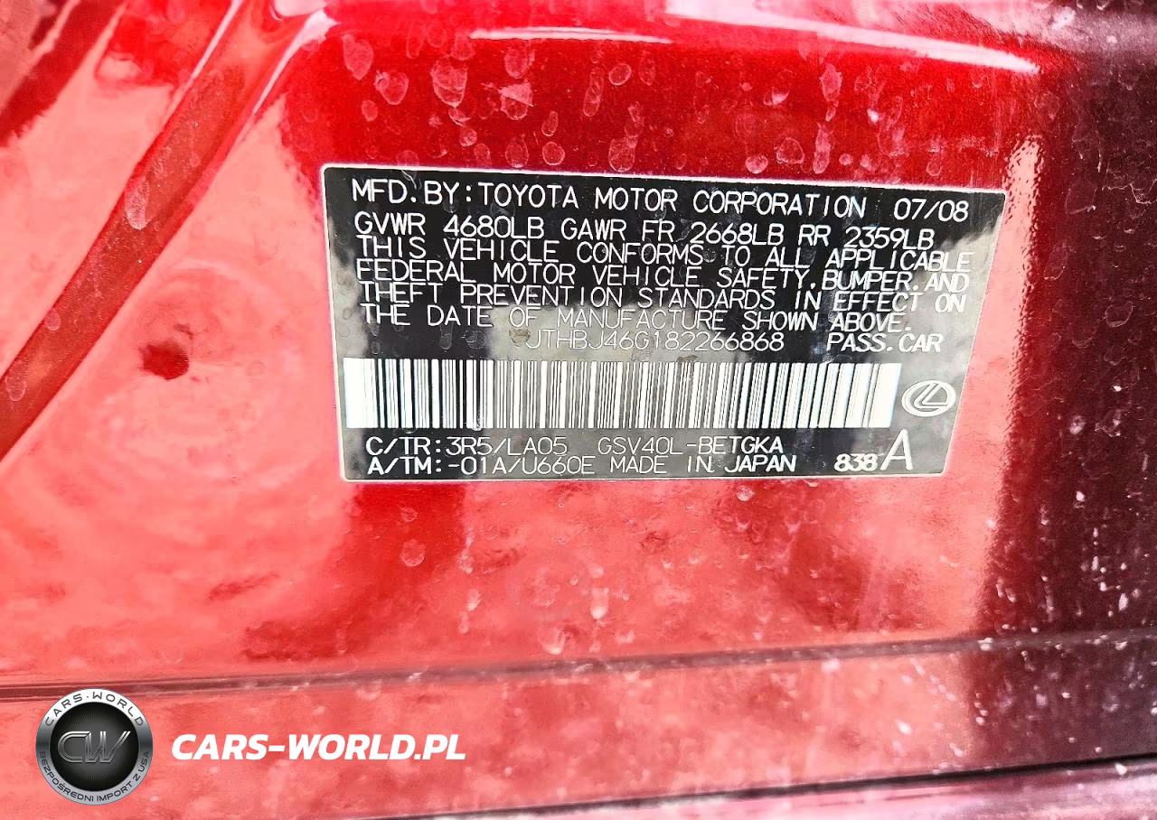 2008 Lexus Es 350 VIN:JTHBJ46G182266868 - 12