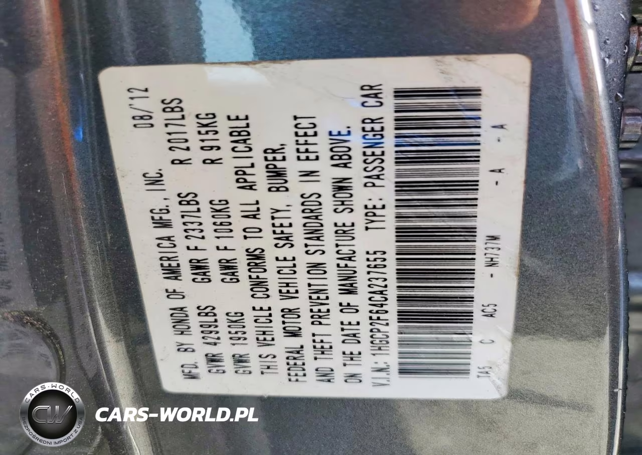 2012 Honda Accord Se VIN:1HGCP2F64CA237655 - 12