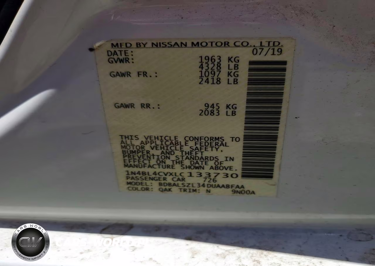 2020 Nissan Altima 2.5 Sr VIN:1N4BL4CVXLC133730 - 12