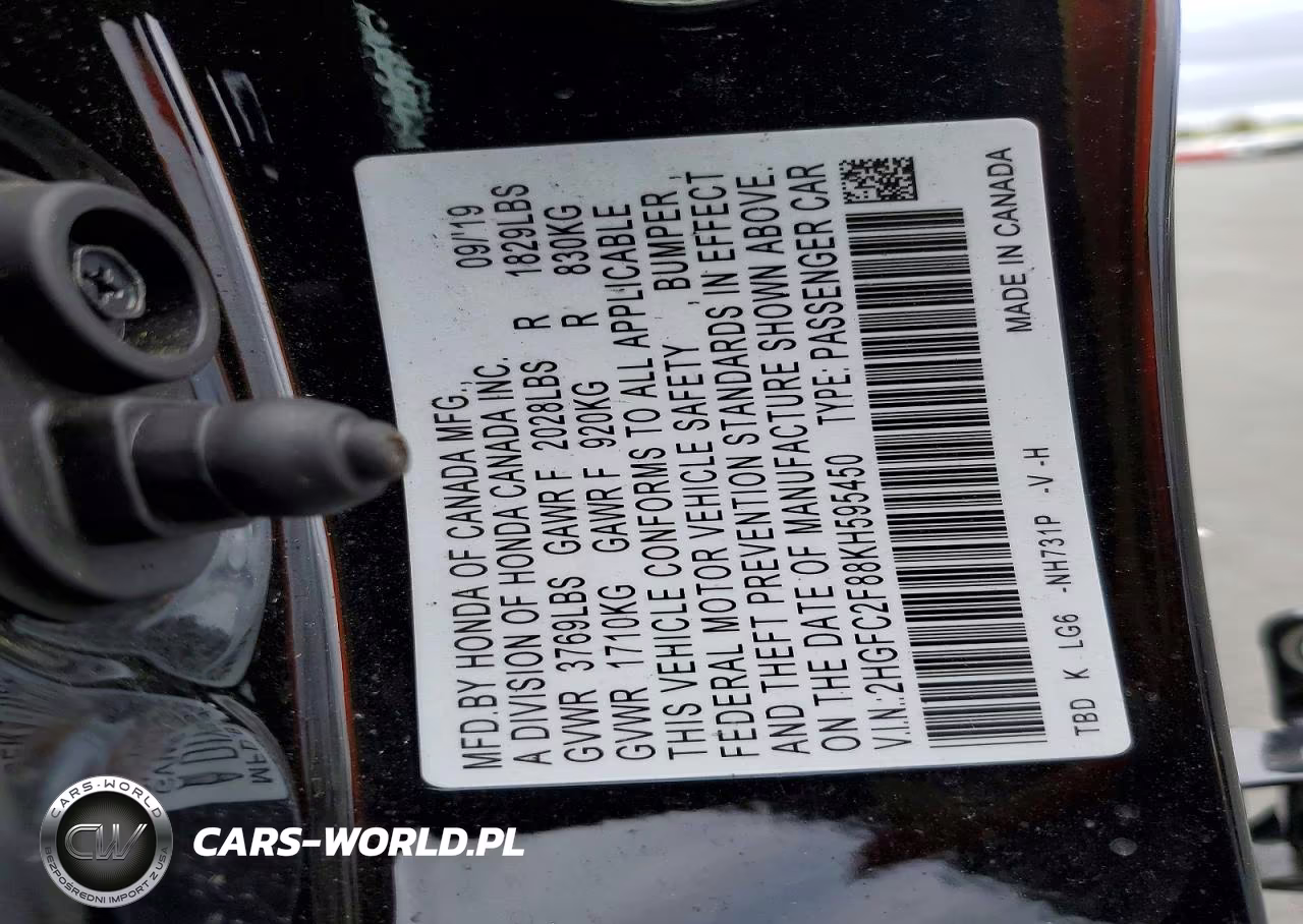 2019 Honda Civic Sport VIN:2HGFC2F88KH595450 - 13