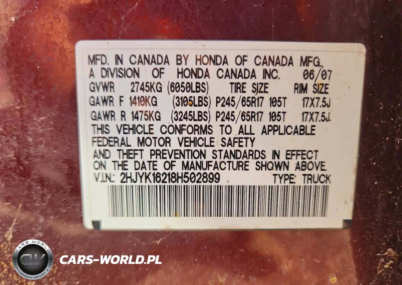 2008 Honda Ridgeline Rt VIN:2HJYK16218H502899 - 12