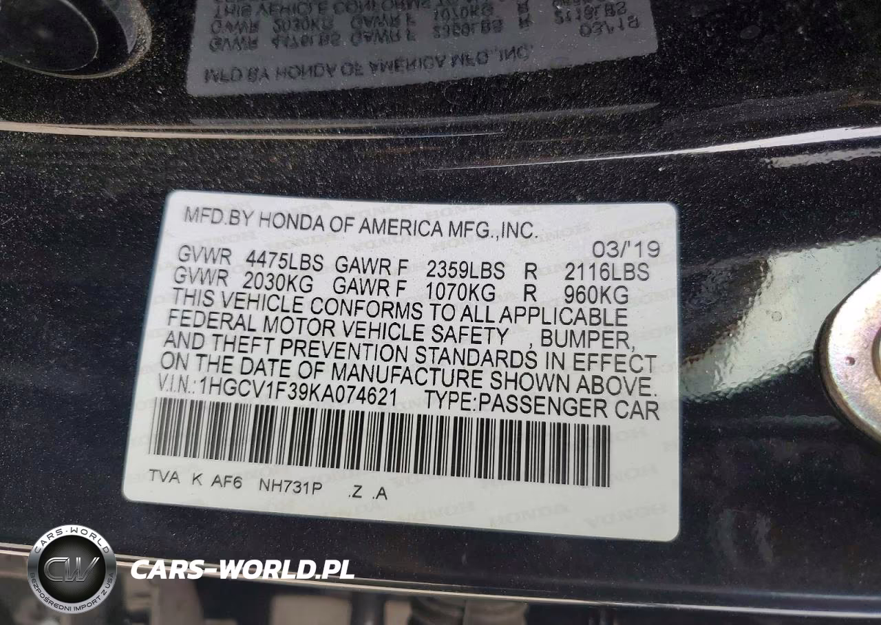 2019 Honda Accord Sport VIN:1HGCV1F39KA074621 - 13