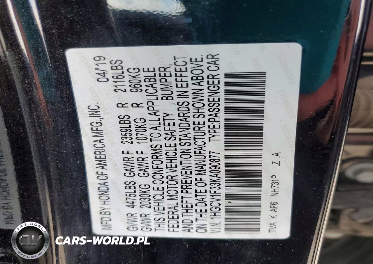 2019 Honda Accord Sport VIN:1HGCV1F33KA090877 - 12