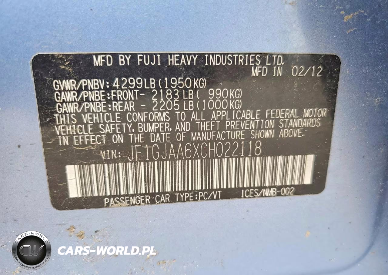 2012 Subaru Impreza VIN:JF1GJAA6XCH022118 - 13