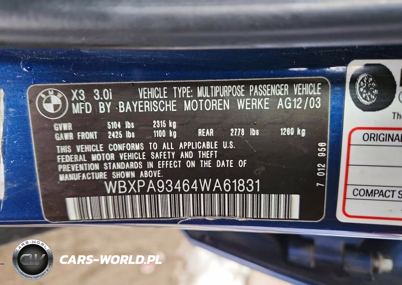 2004 BMW X3 3.0I VIN:WBXPA93464WA61831 - 13