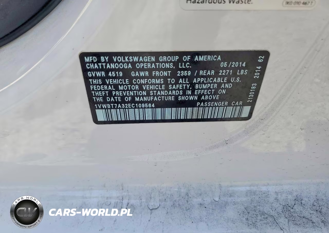 2014 Volkswagen Passat Se VIN:1VWBT7A32EC109564 - 12