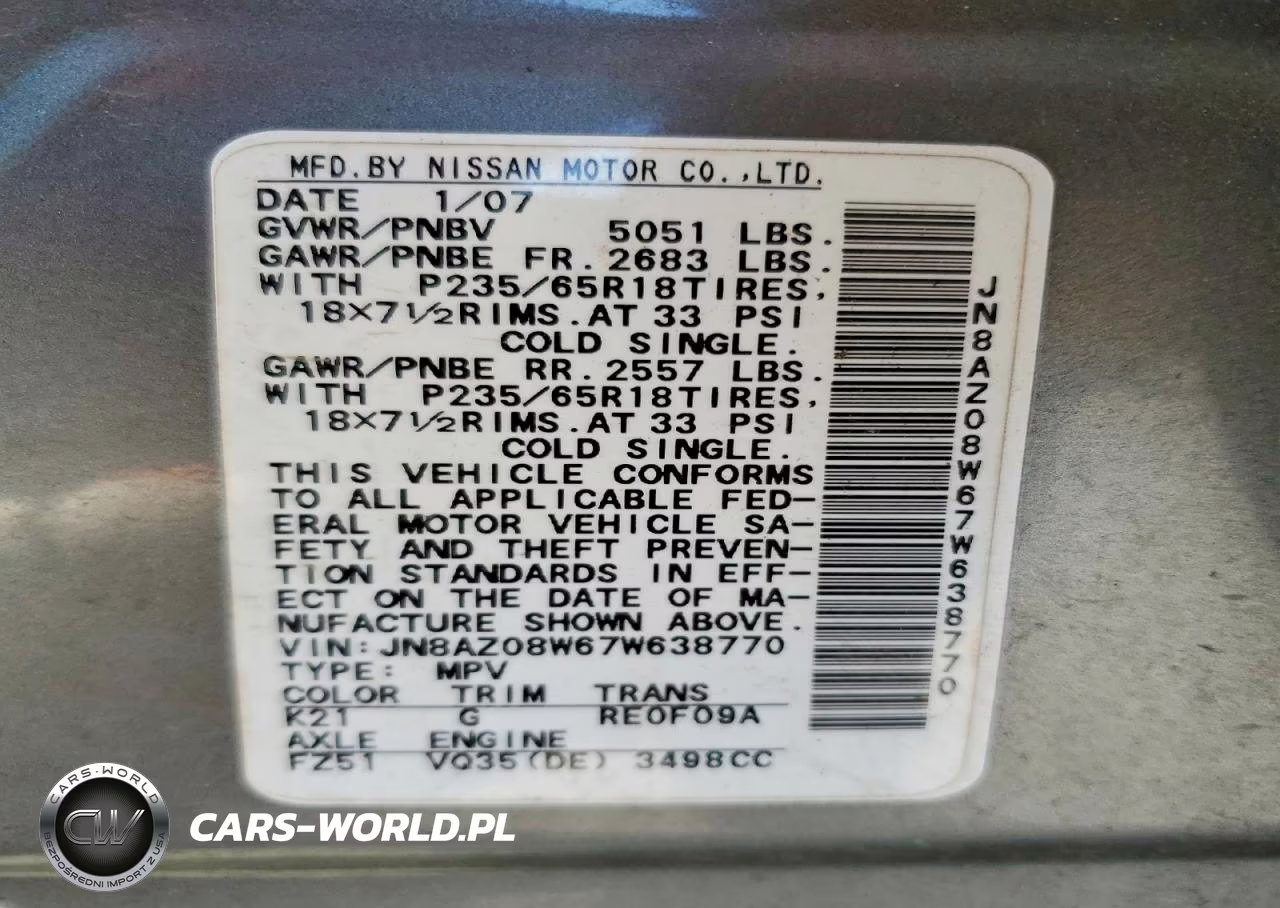 2007 Nissan Murano S VIN:JN8AZ08W67W638770 - 13