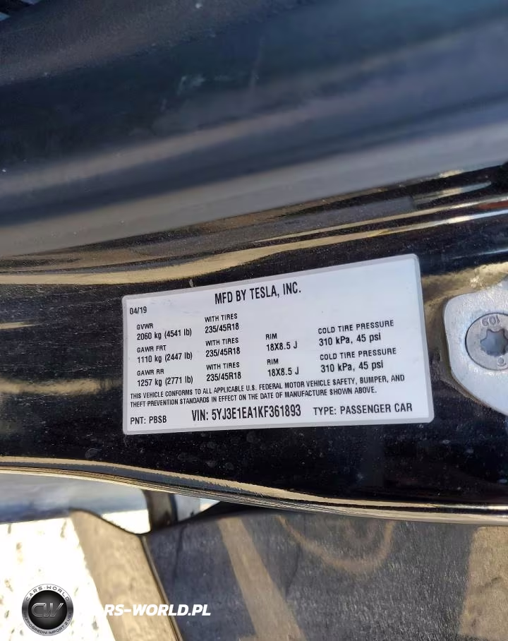 2019 Tesla Model 3 VIN:5YJ3E1EA1KF361893 - 12
