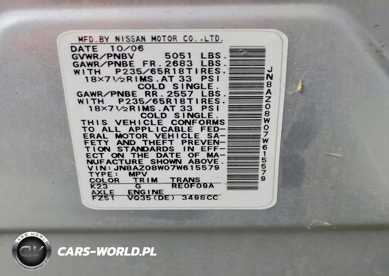 2007 Nissan Murano S VIN:JN8AZ08W07W615579 - 13