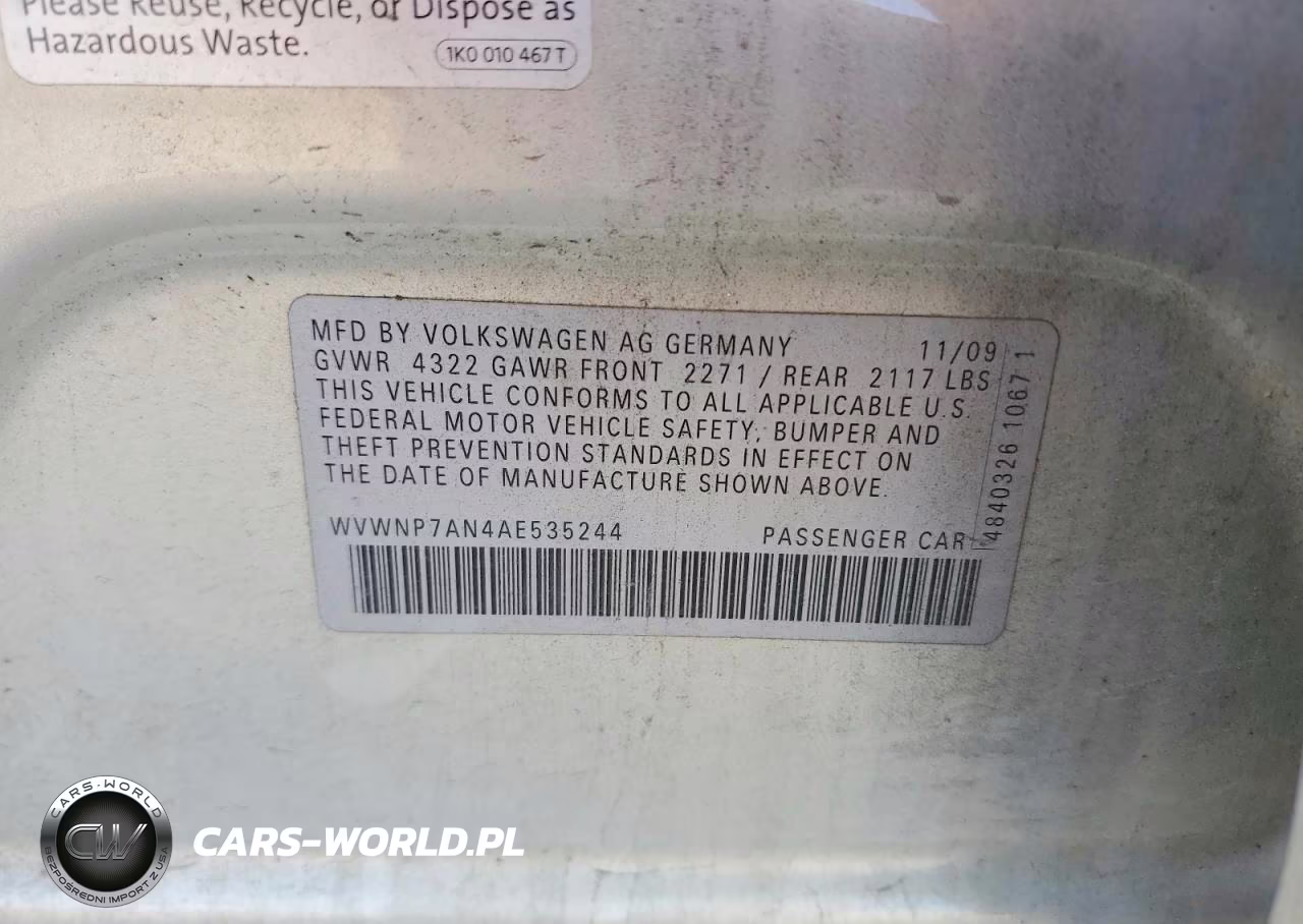 2010 Volkswagen Cc Sport VIN:WVWNP7AN4AE535244 - 12