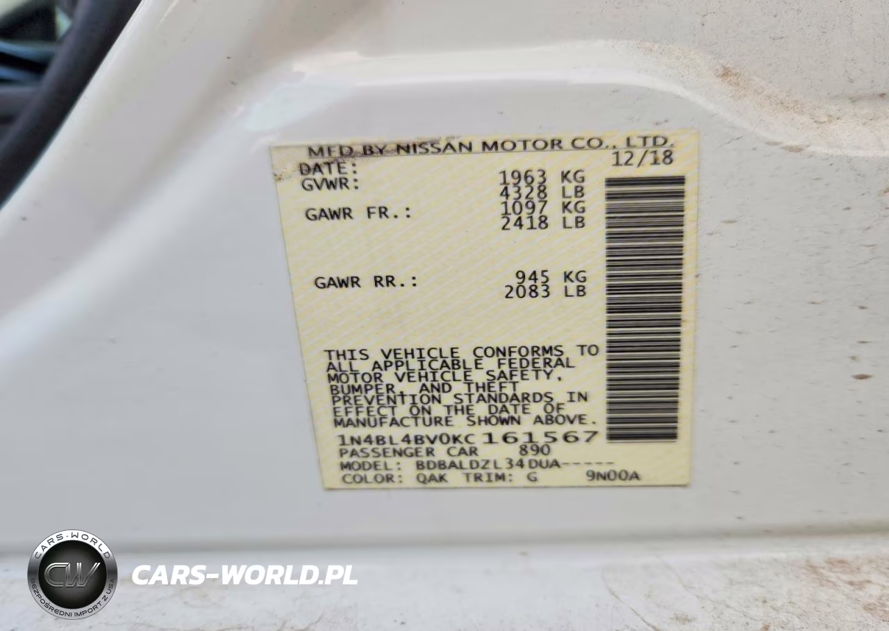 2019 Nissan Altima S VIN:1N4BL4BV0KC161567 - 12