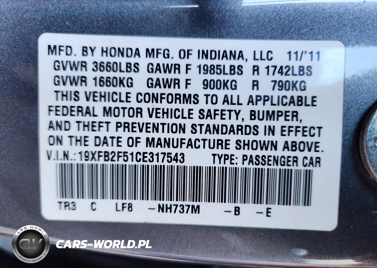 2012 Honda Civic Lx VIN:19XFB2F51CE317543 - 12
