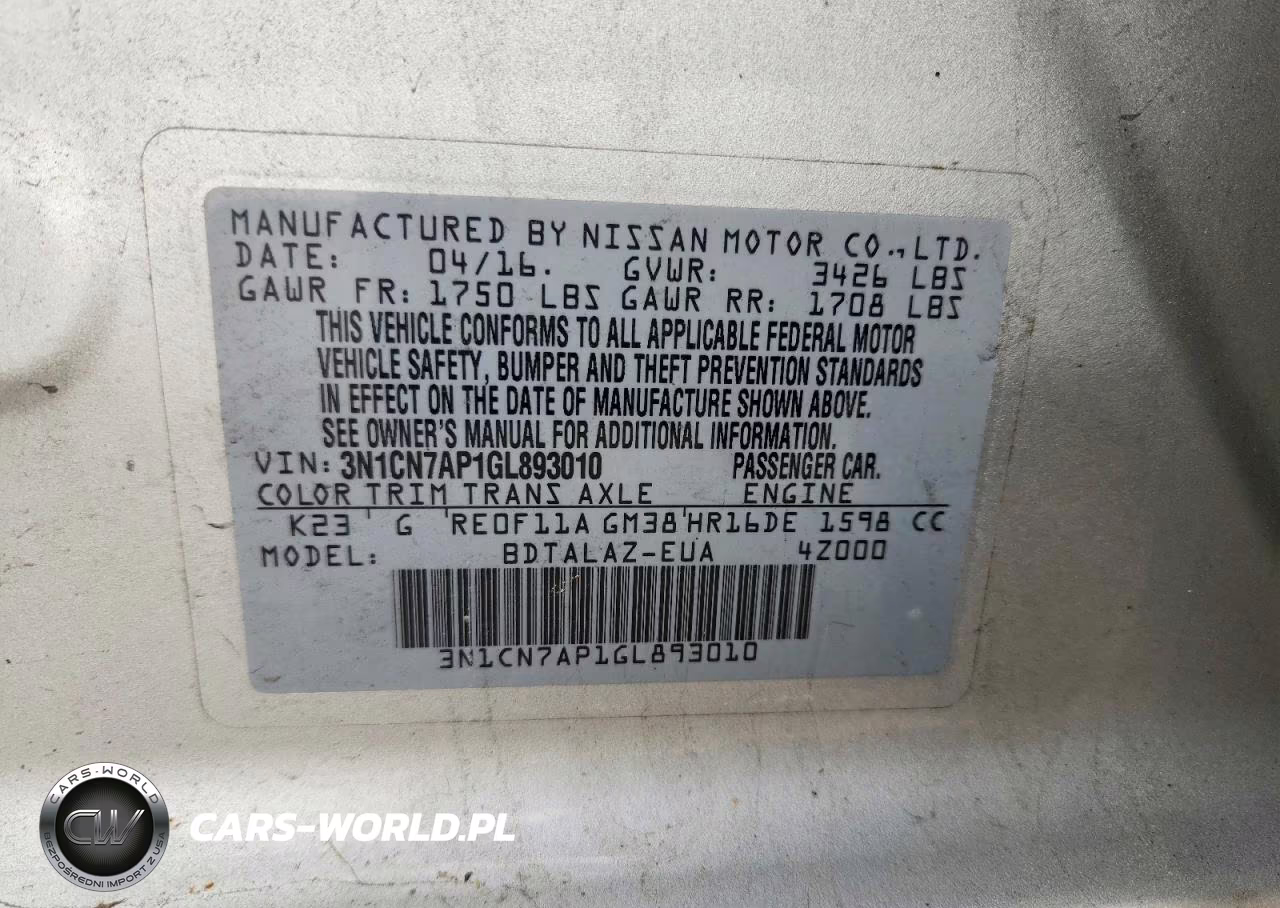2016 Nissan Versa 1.6 S Plus VIN:3N1CN7AP1GL893010 - 12
