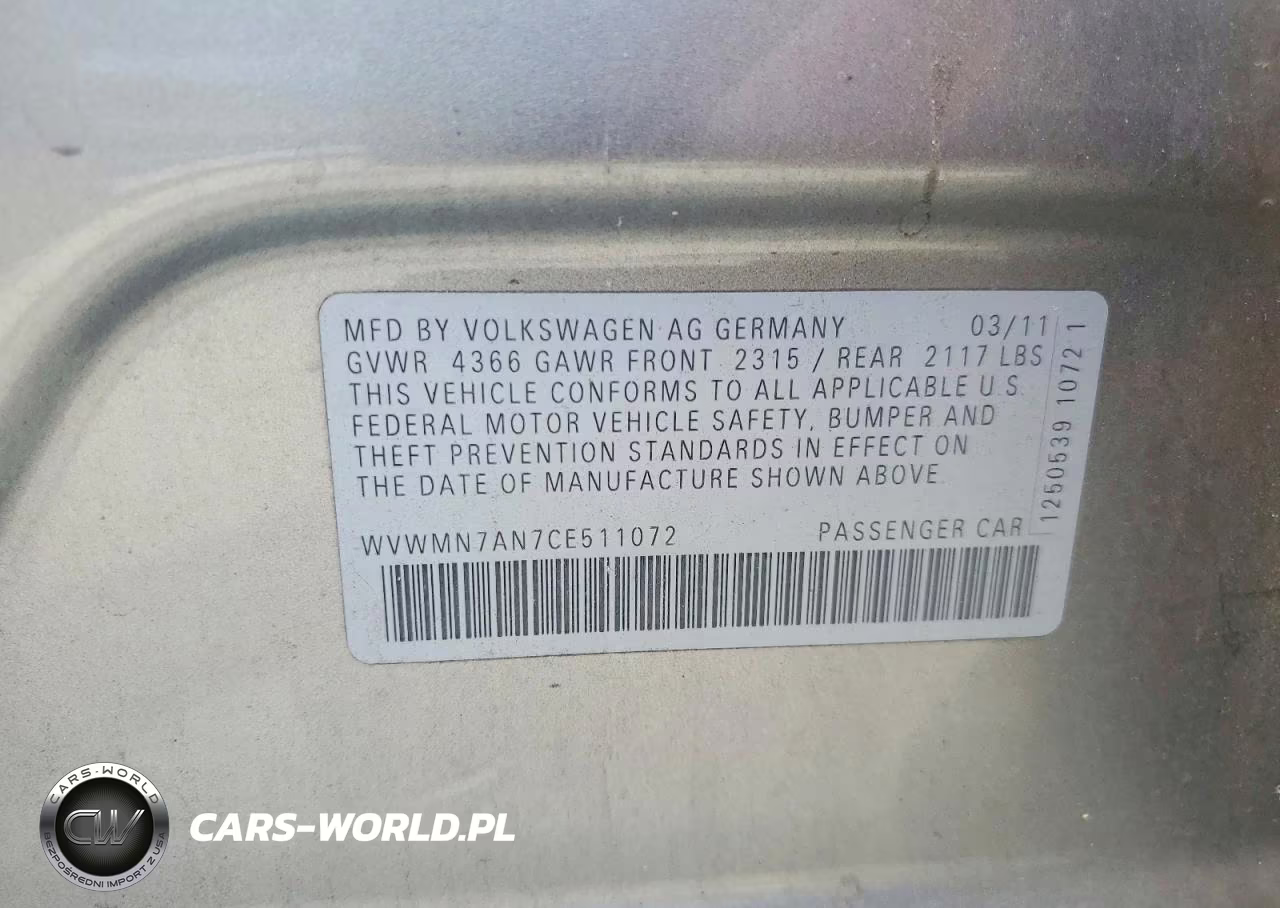 2012 Volkswagen Cc Sport VIN:WVWMN7AN7CE511072 - 12