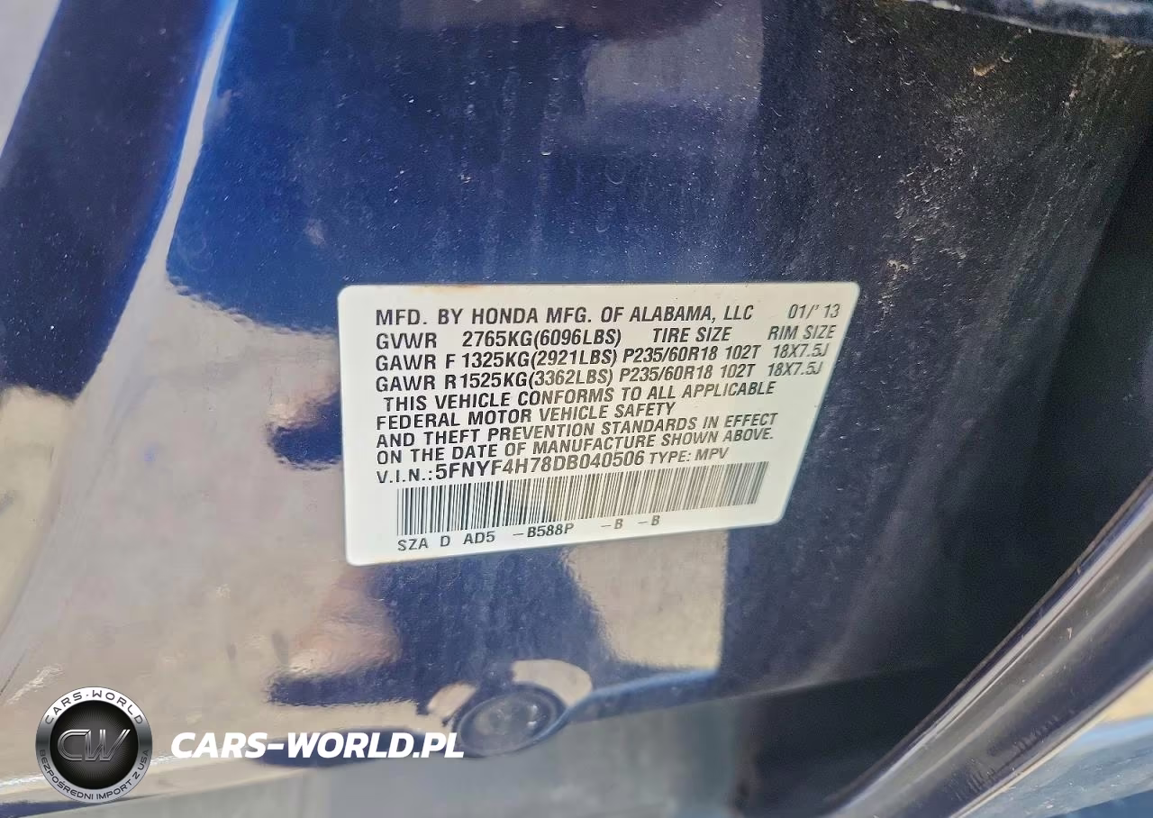 2013 Honda Pilot Exln VIN:5FNYF4H78DB040506 - 13