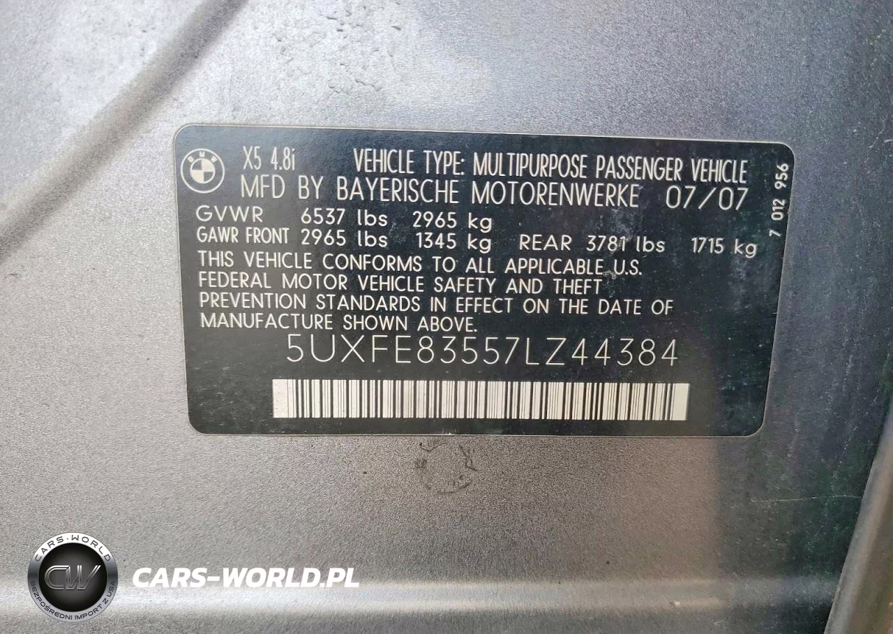 2007 BMW X5 4.8I VIN:5UXFE83557LZ44384 - 12