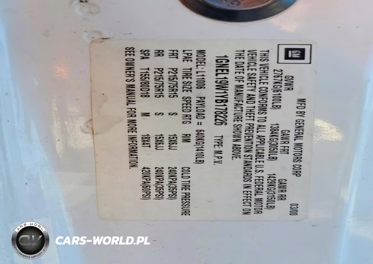 2000 Chevrolet Astro VIN:1GNEL19W1YB178226 - 13