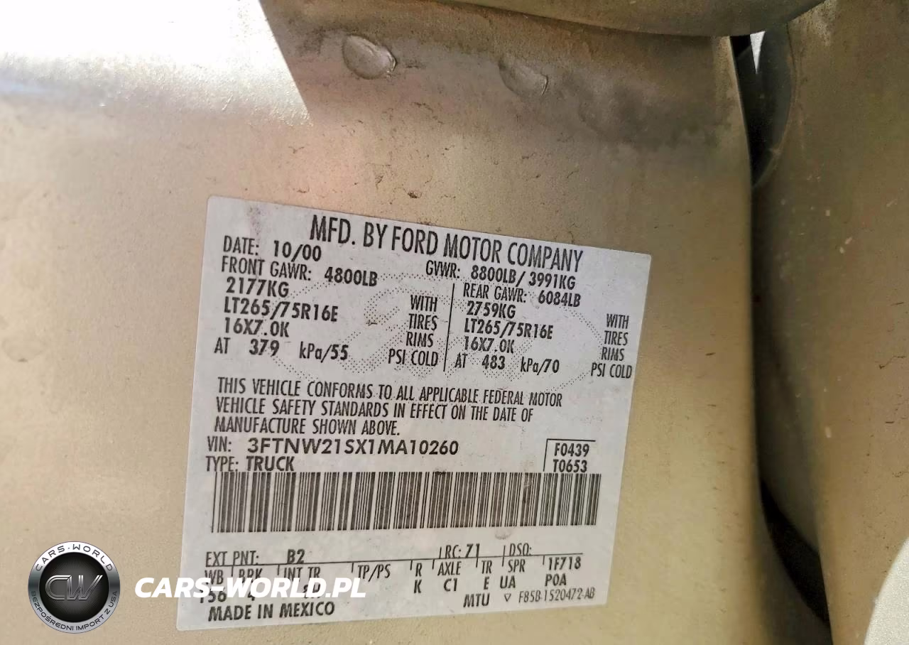 2001 Ford F250 Super Duty VIN:3FTNW21SX1MA10260 - 10