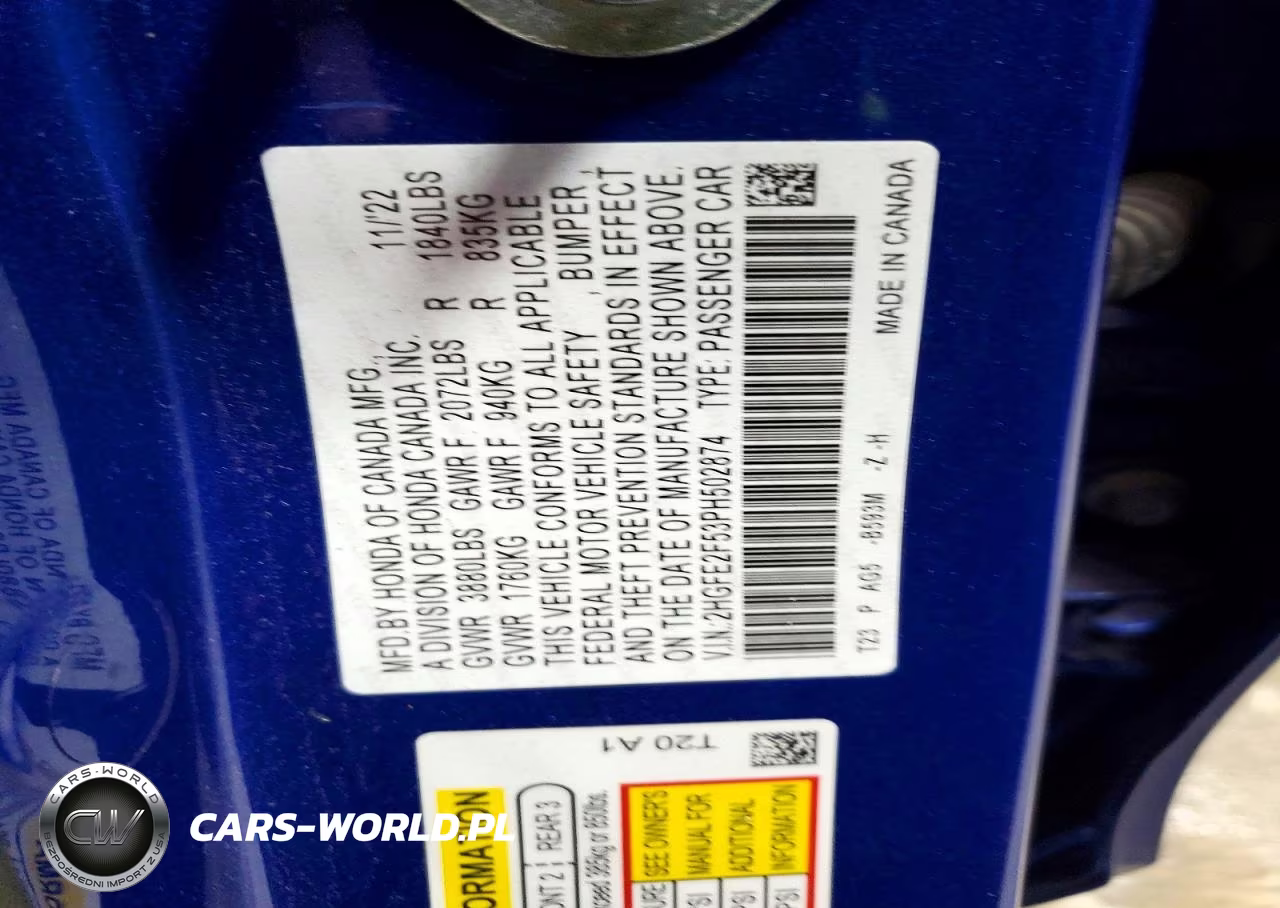 2023 Honda Civic Sport VIN:2HGFE2F53PH502874 - 12