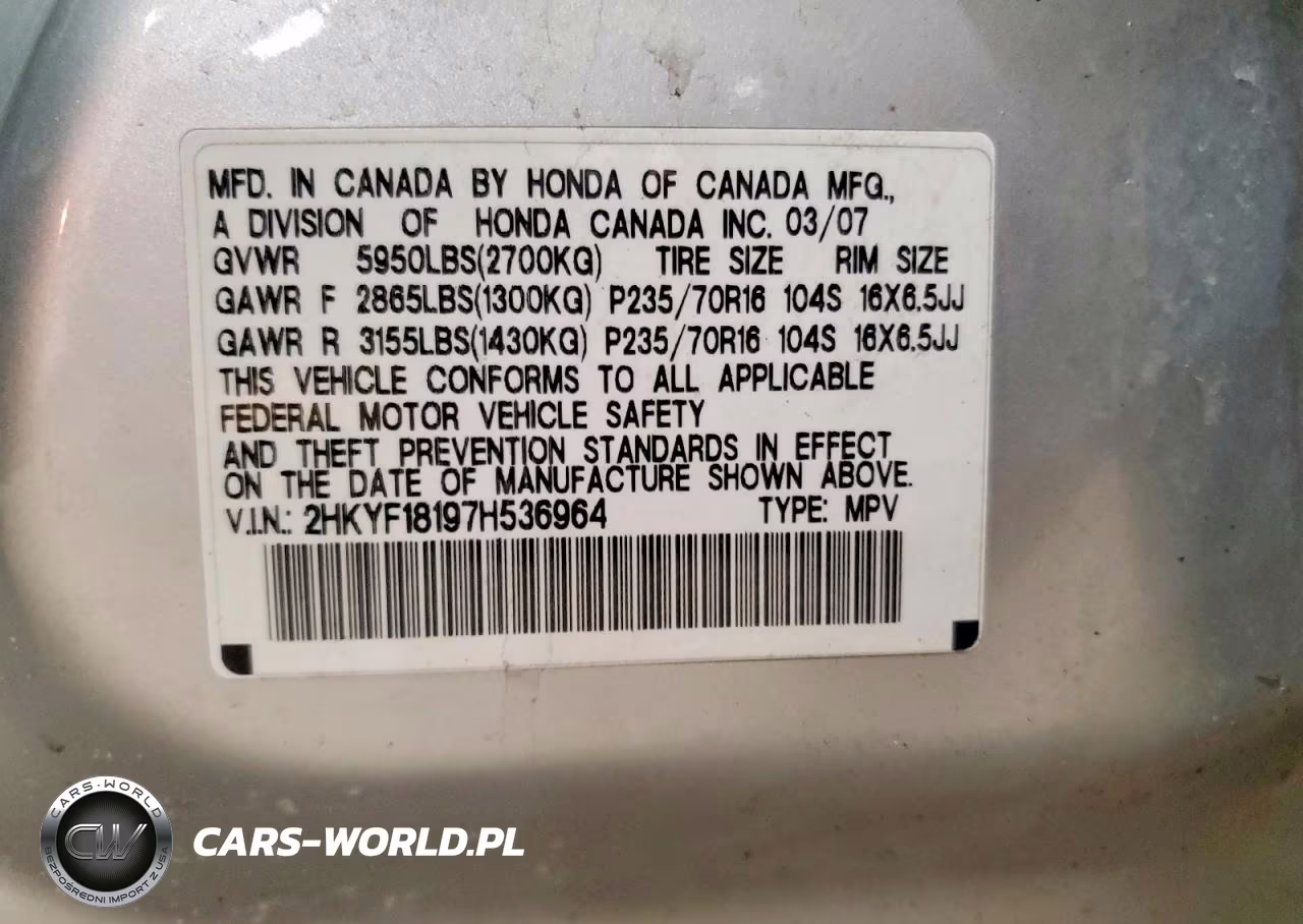 2007 Honda Pilot Lx VIN:2HKYF18197H536964 - 13