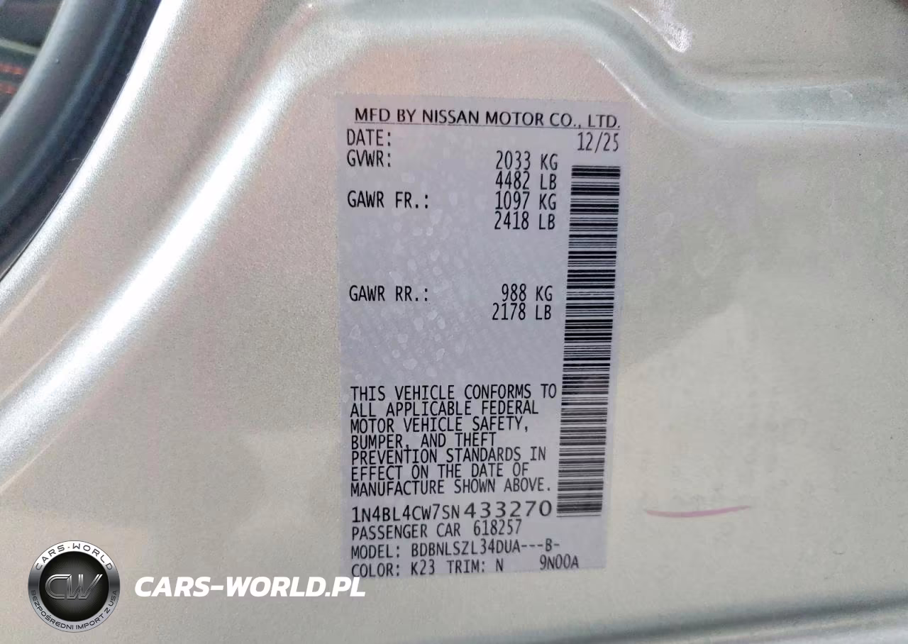 2025 Nissan Altima Sr VIN:1N4BL4CW7SN433270 - 12