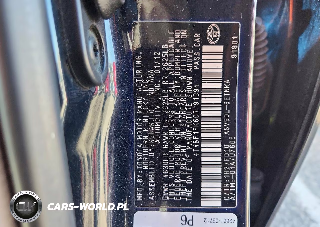 2012 Toyota Camry Le VIN:4T4BF1FK6CR191394 - 12