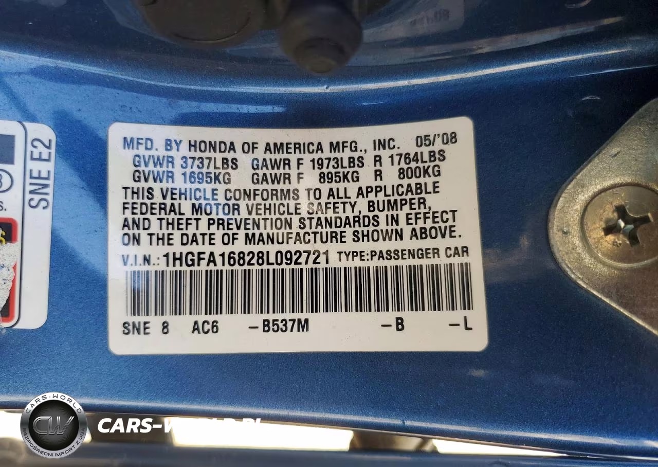 2008 Honda Civic Ex VIN:1HGFA16828L092721 - 12