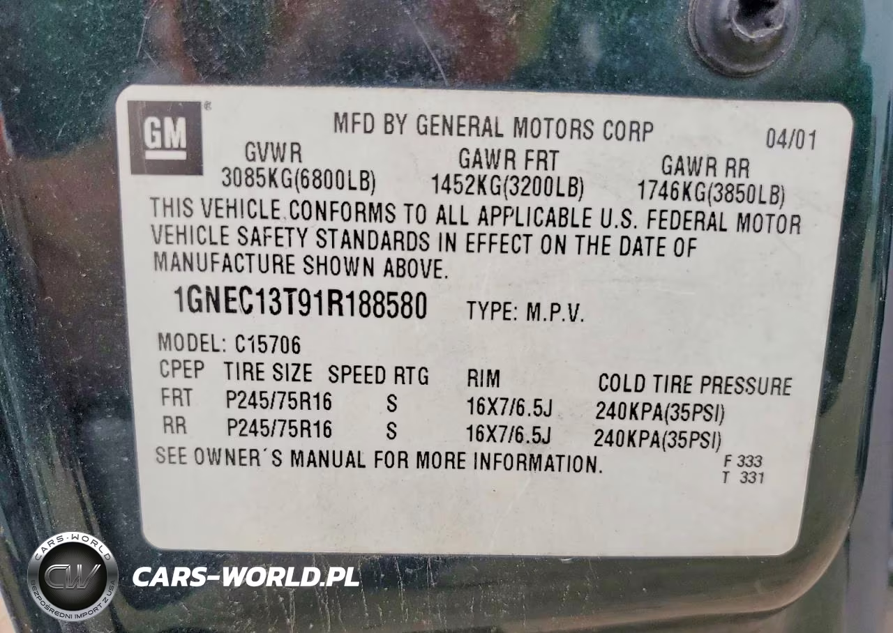 2001 Chevrolet Tahoe C1500 VIN:1GNEC13T91R188580 - 13