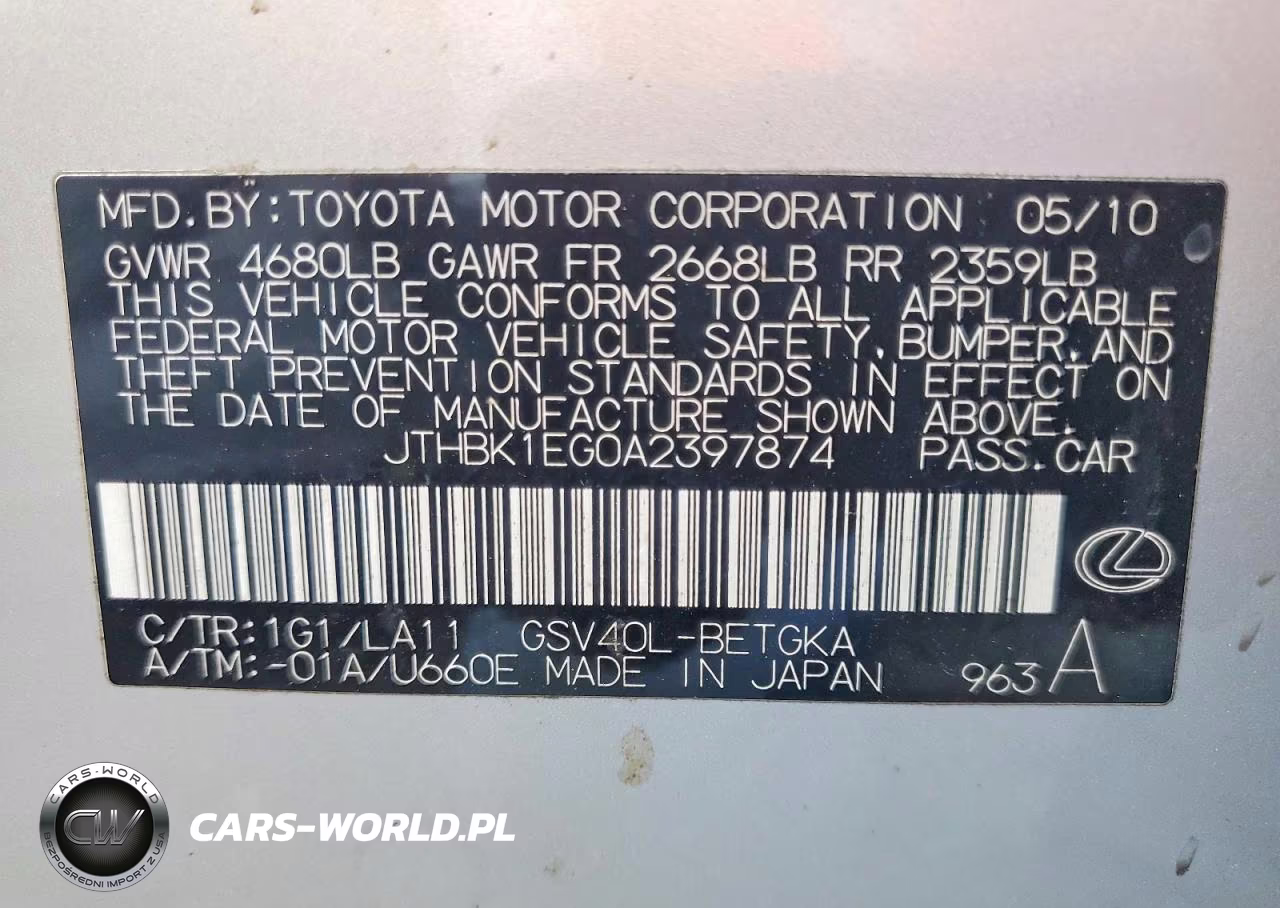 2010 Lexus Es 350 VIN:JTHBK1EG0A2397874 - 12