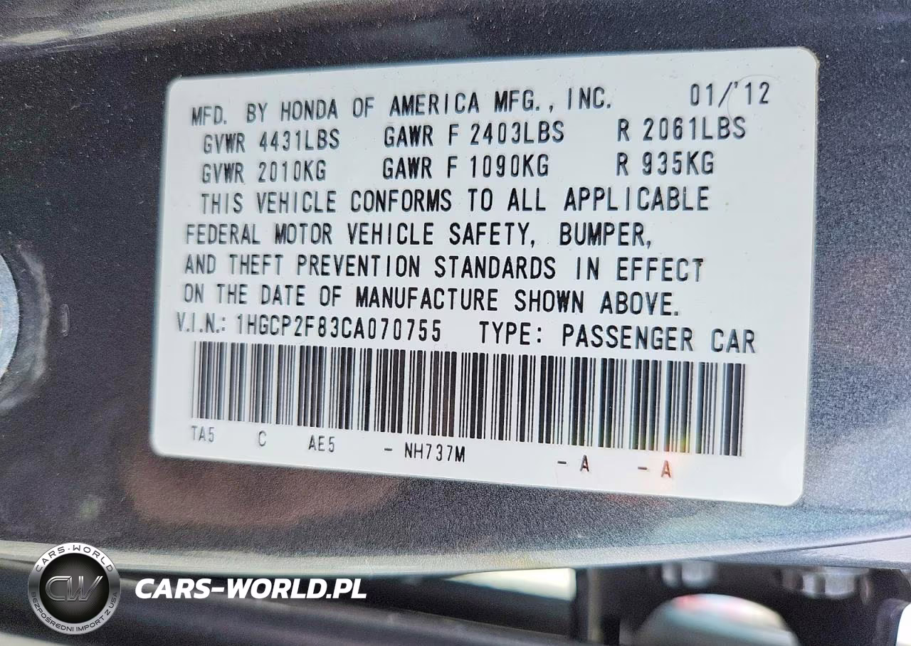 2012 Honda Accord Exl VIN:1HGCP2F83CA070755 - 12