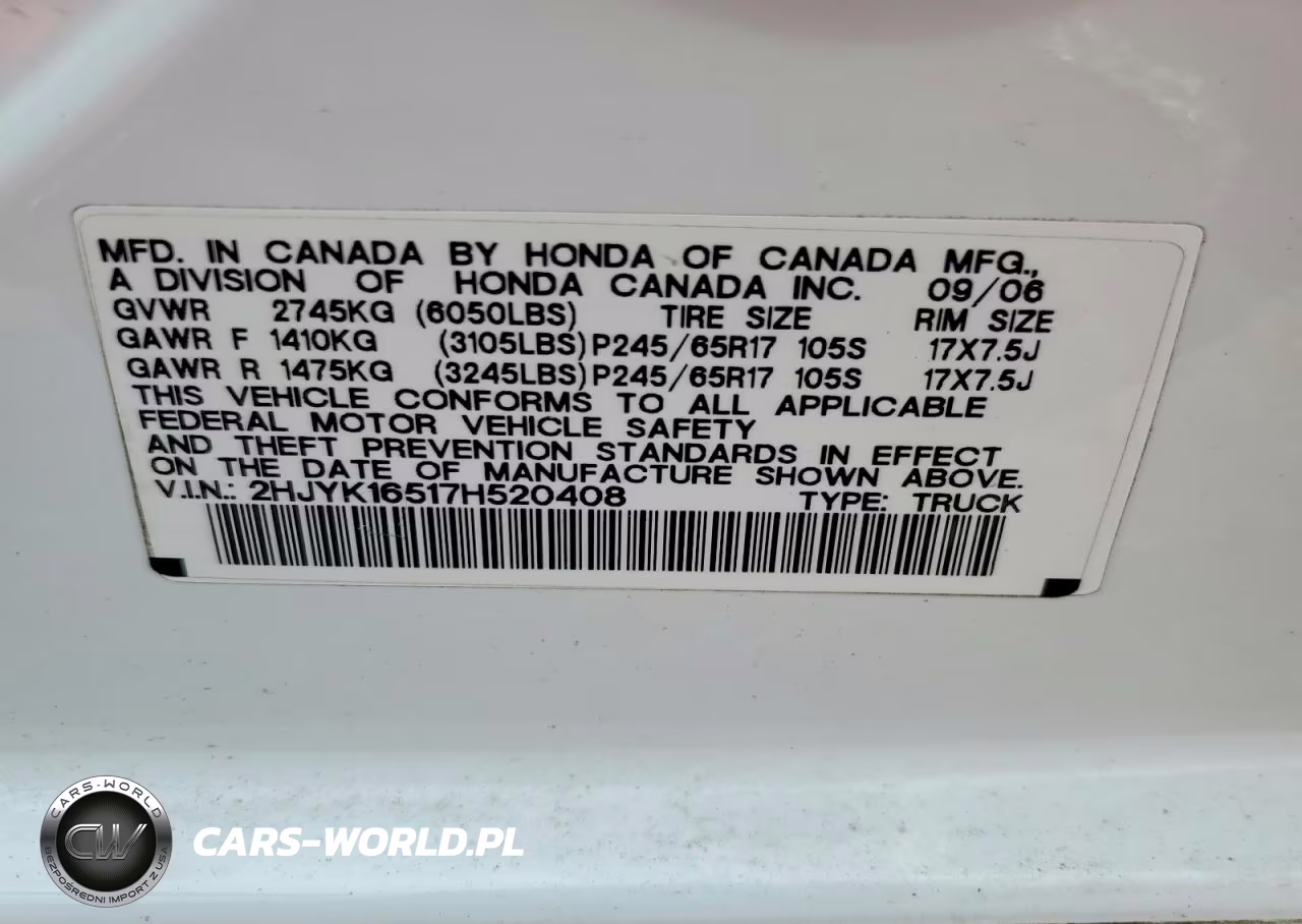 2007 Honda Ridgeline Rtl VIN:2HJYK16517H520408 - 14