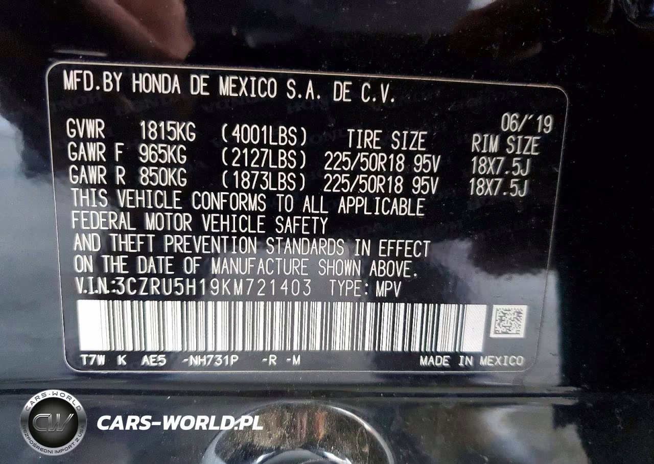 2019 Honda Hr-V Sport VIN:3CZRU5H19KM721403 - 12