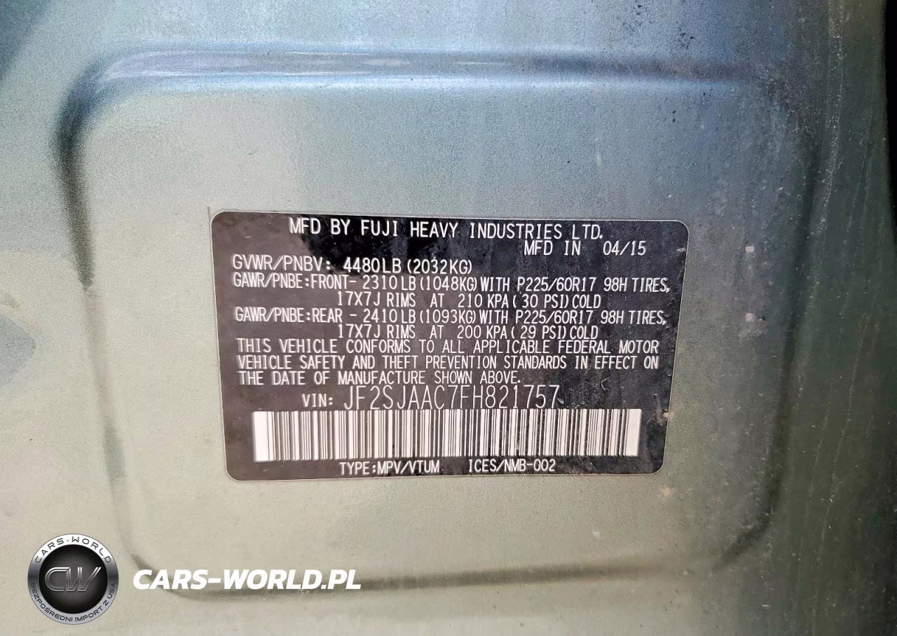 2015 Subaru Forester 2.5I VIN:JF2SJAAC7FH821757 - 13
