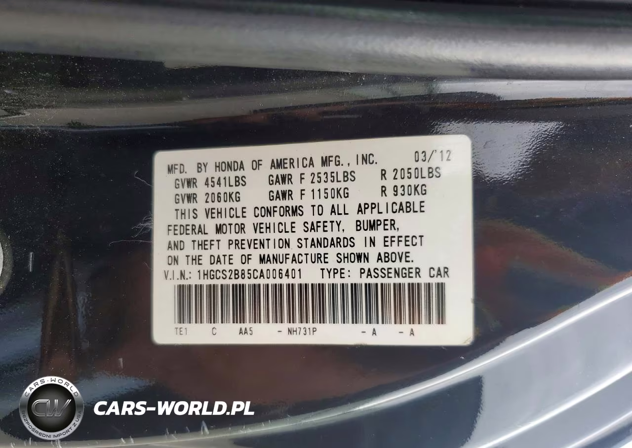 2012 Honda Accord Coupe Ex Auto VIN:1HGCS2B85CA006401 - 12
