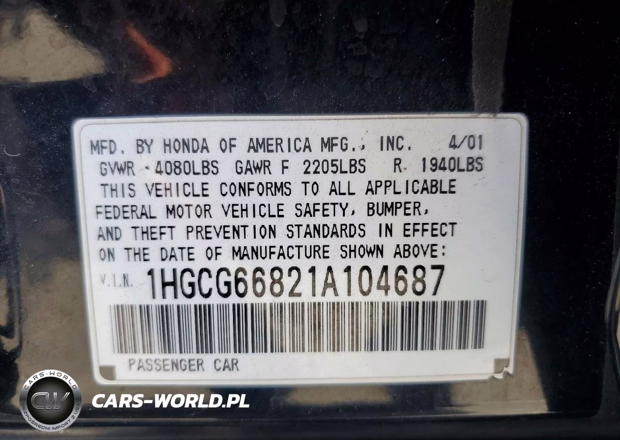 2001 Honda Accord Ex VIN:1HGCG66821A104687 - 12