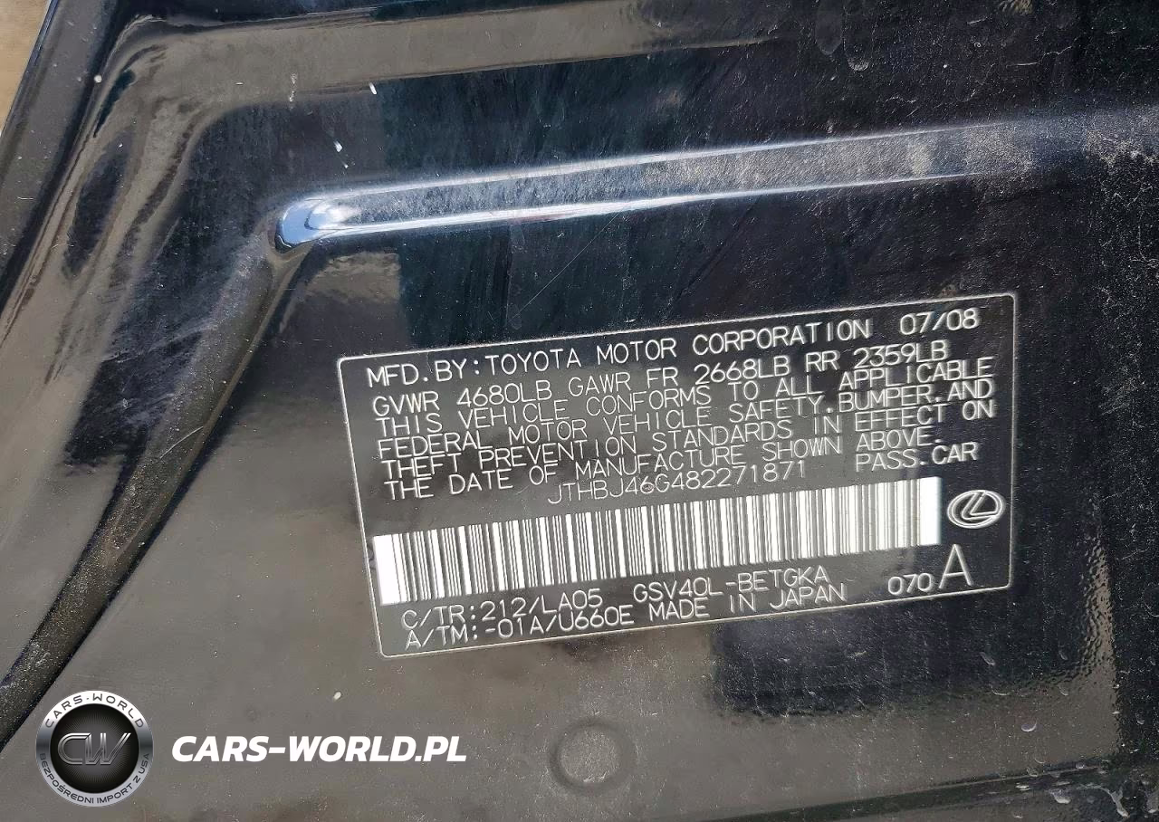 2008 Lexus Es 350 VIN:JTHBJ46G482271871 - 12