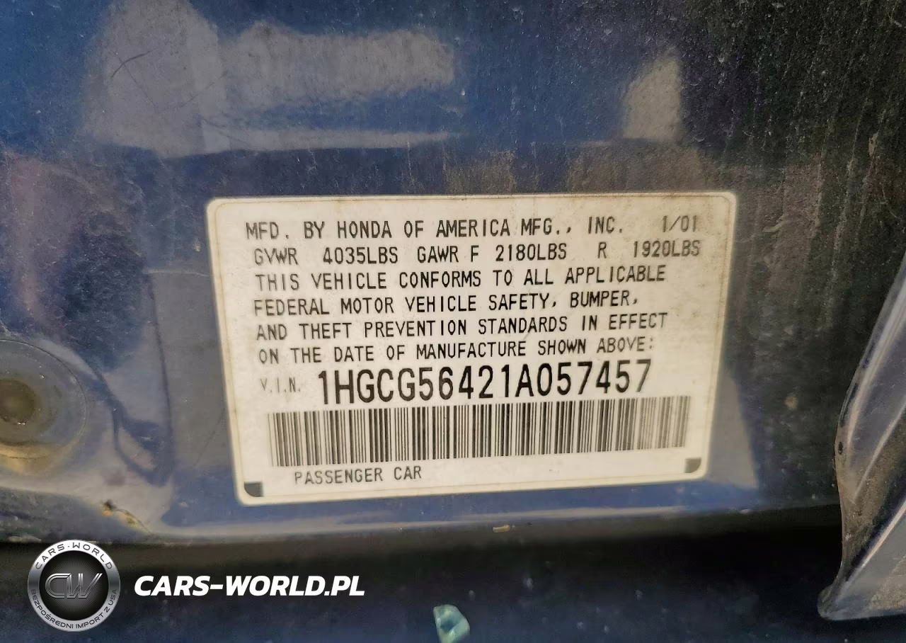 2001 Honda Accord Lx VIN:1HGCG56421A057457 - 12