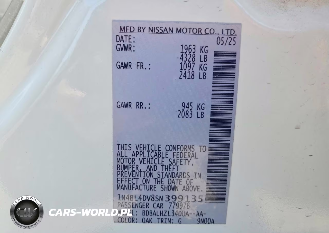 2025 Nissan Altima Sv VIN:1N4BL4DV8SN399135 - 12