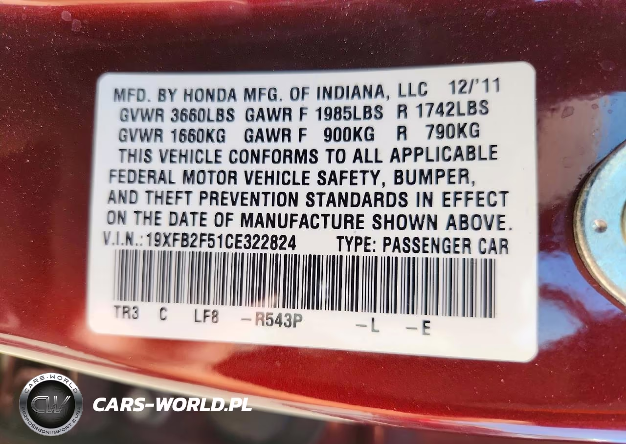 2012 Honda Civic Lx VIN:19XFB2F51CE322824 - 12
