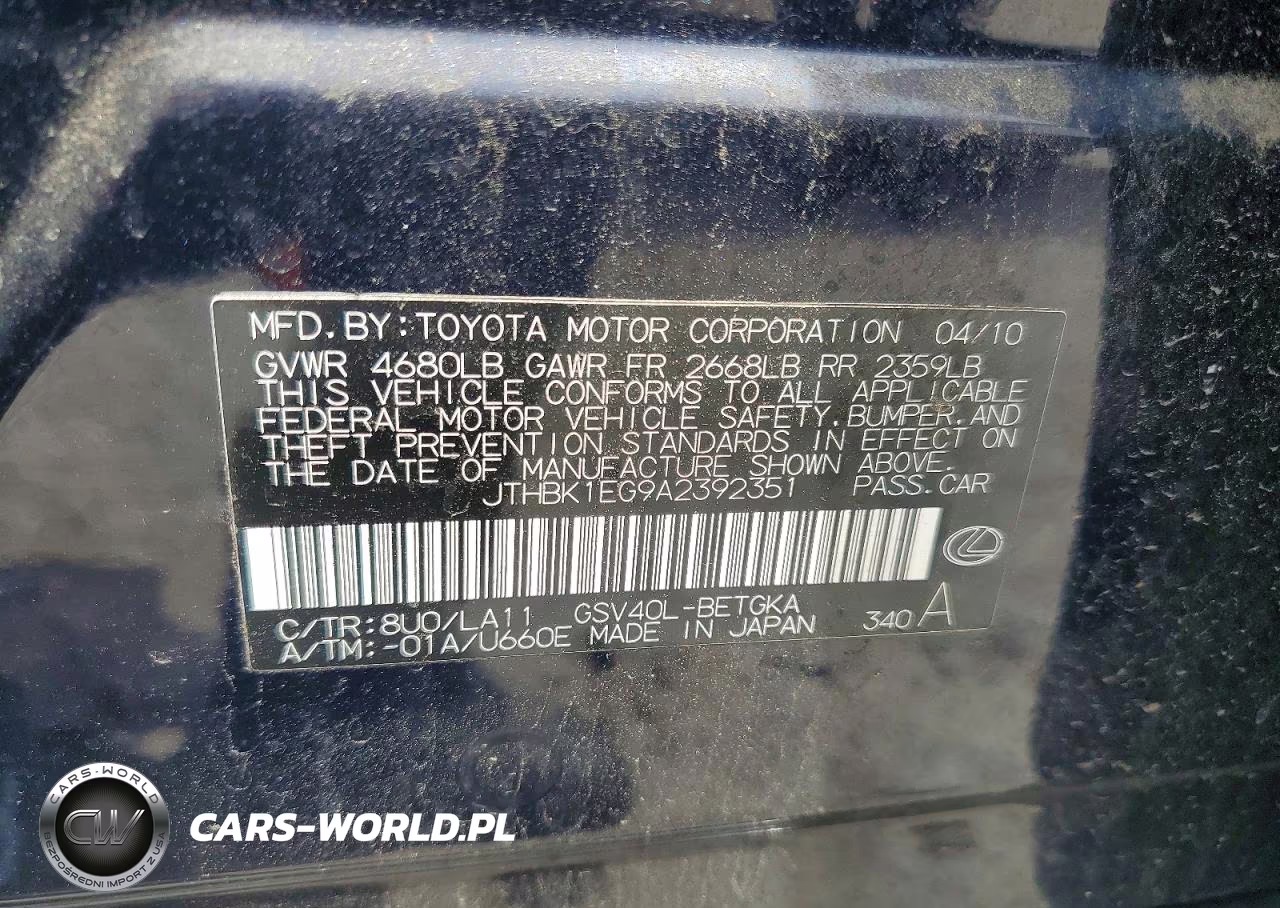 2010 Lexus Es 350 VIN:JTHBK1EG9A2392351 - 12