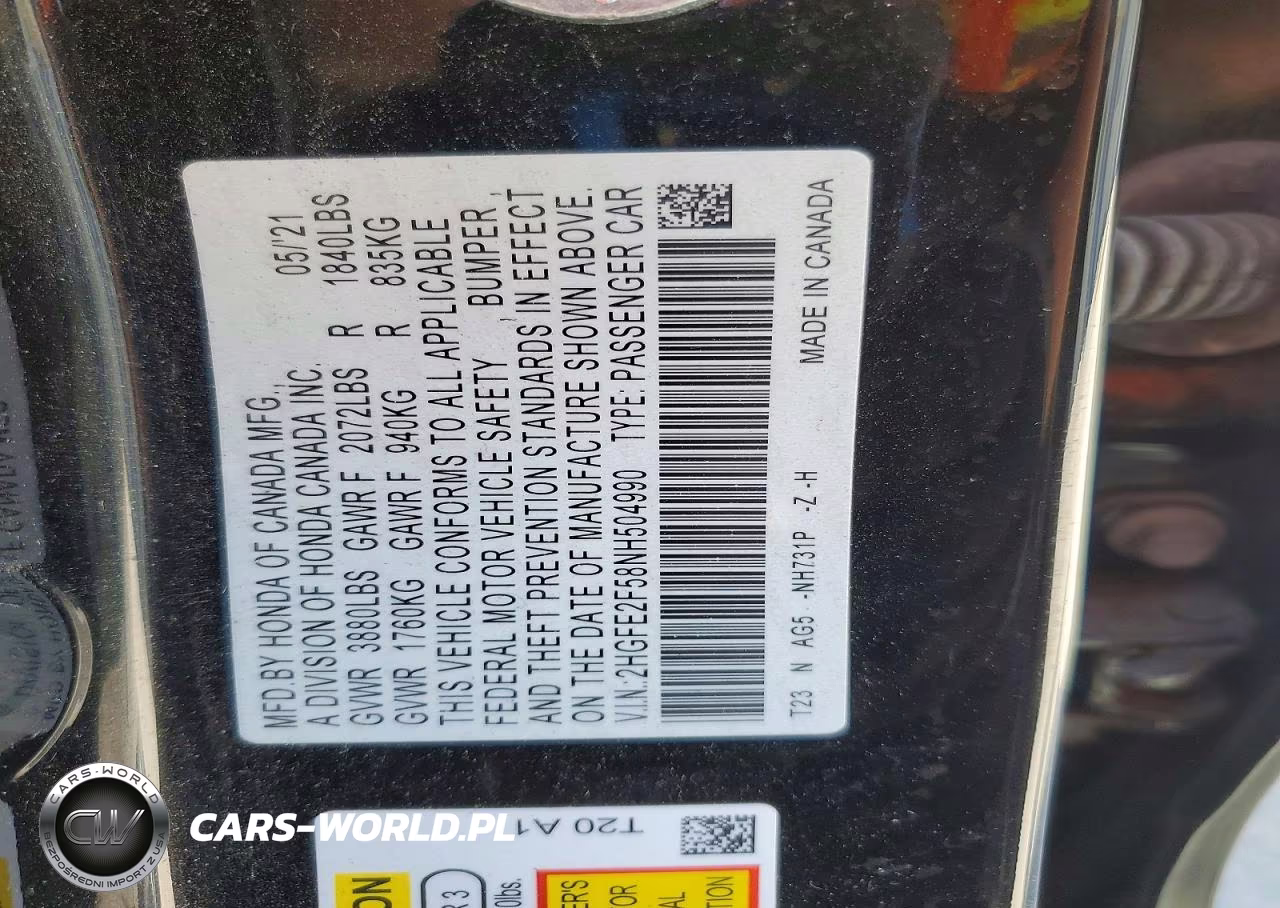2022 Honda Civic Sport VIN:2HGFE2F58NH504990 - 12