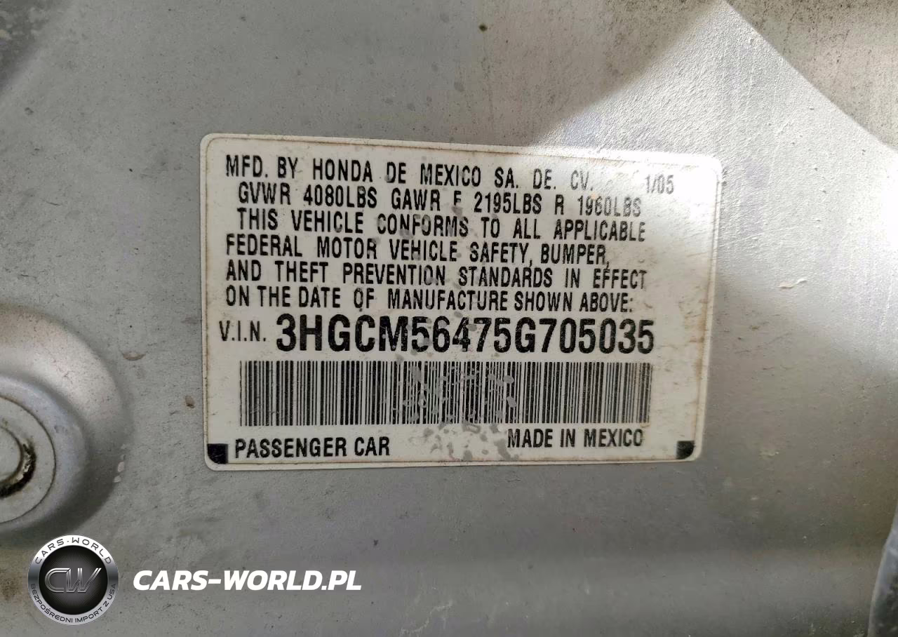 2005 Honda Accord Lx VIN:3HGCM56475G705035 - 12